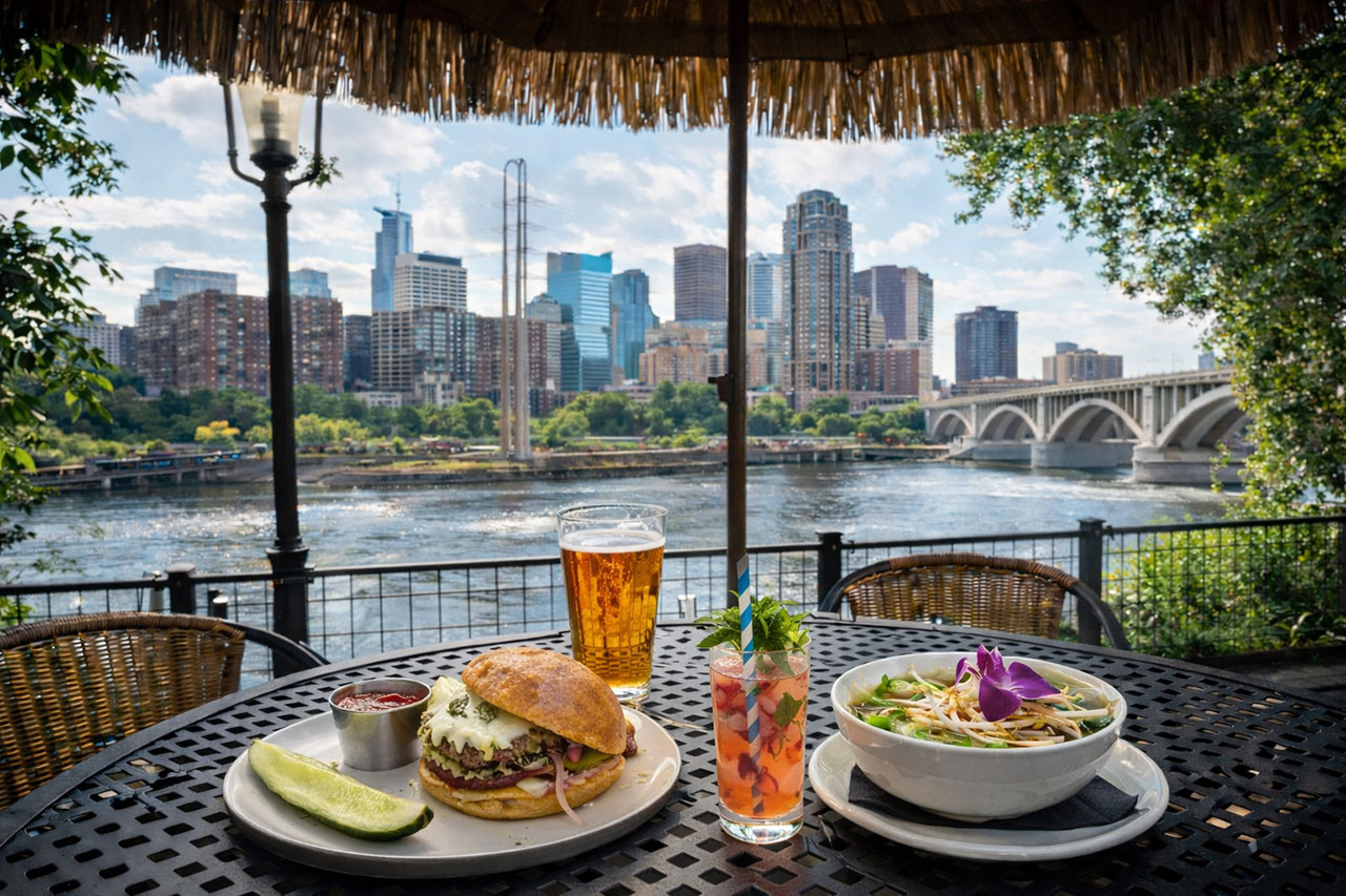 Outdoor restaurant patio overlooking the Mississippi River and Minneapolis skyline with a burger, beer, cocktail, and bowl of soup on a table set for two.